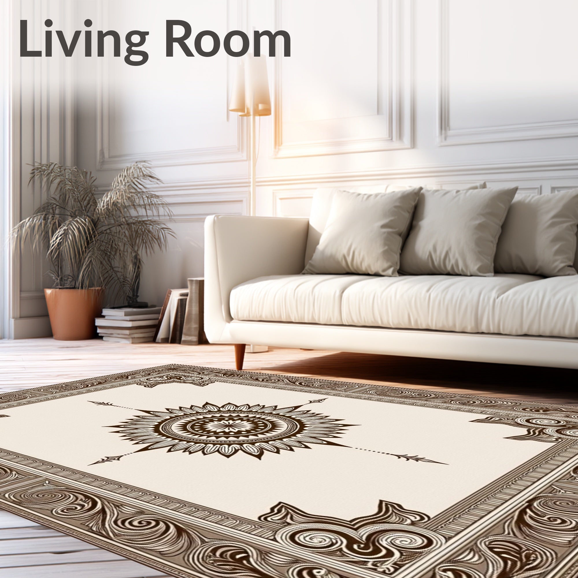 Brown Floral Sunburst Medallion Border Rug