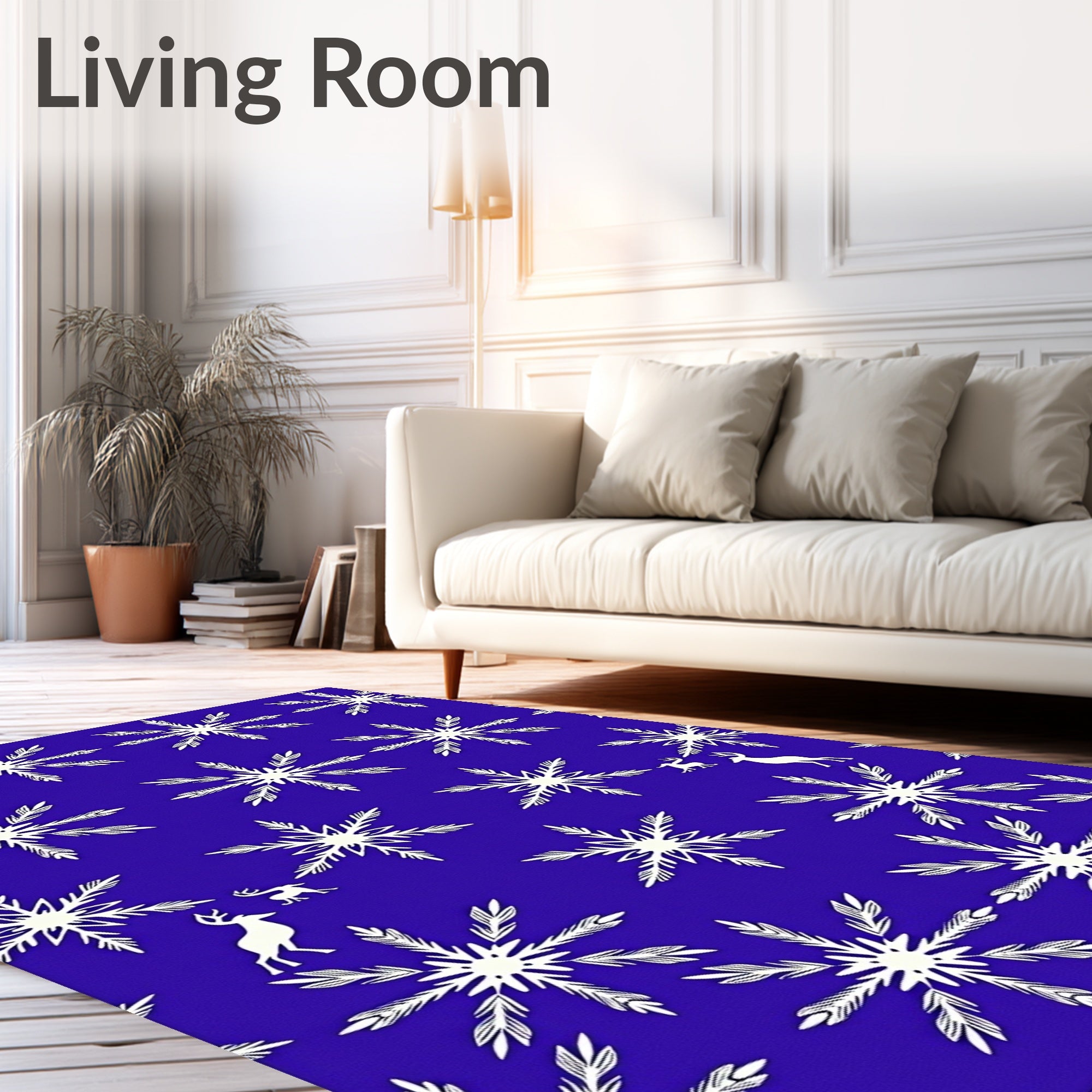 Midnight Blue Snowflake Deer Winter Rug