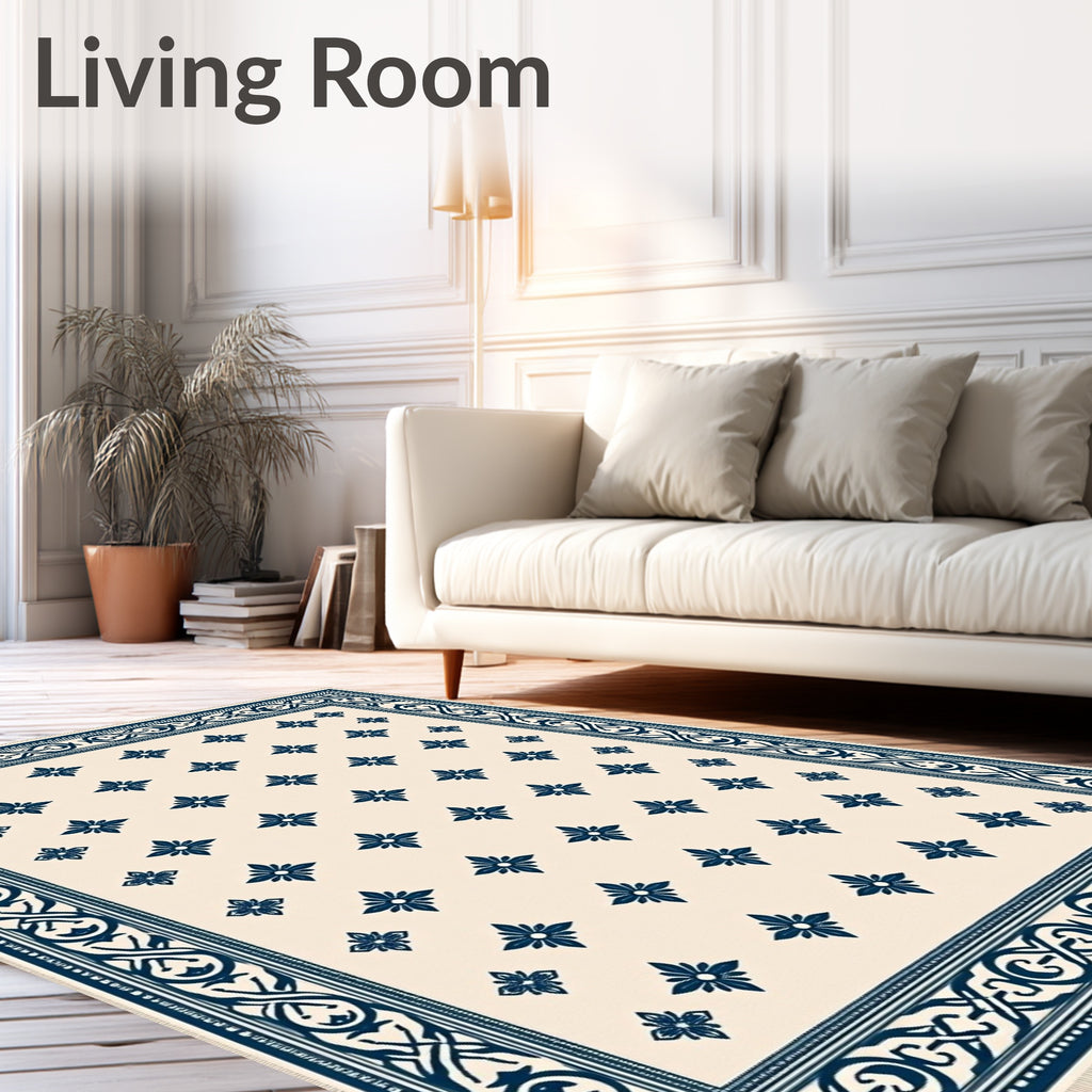 Cream Navy Floral Border Medallion Rug