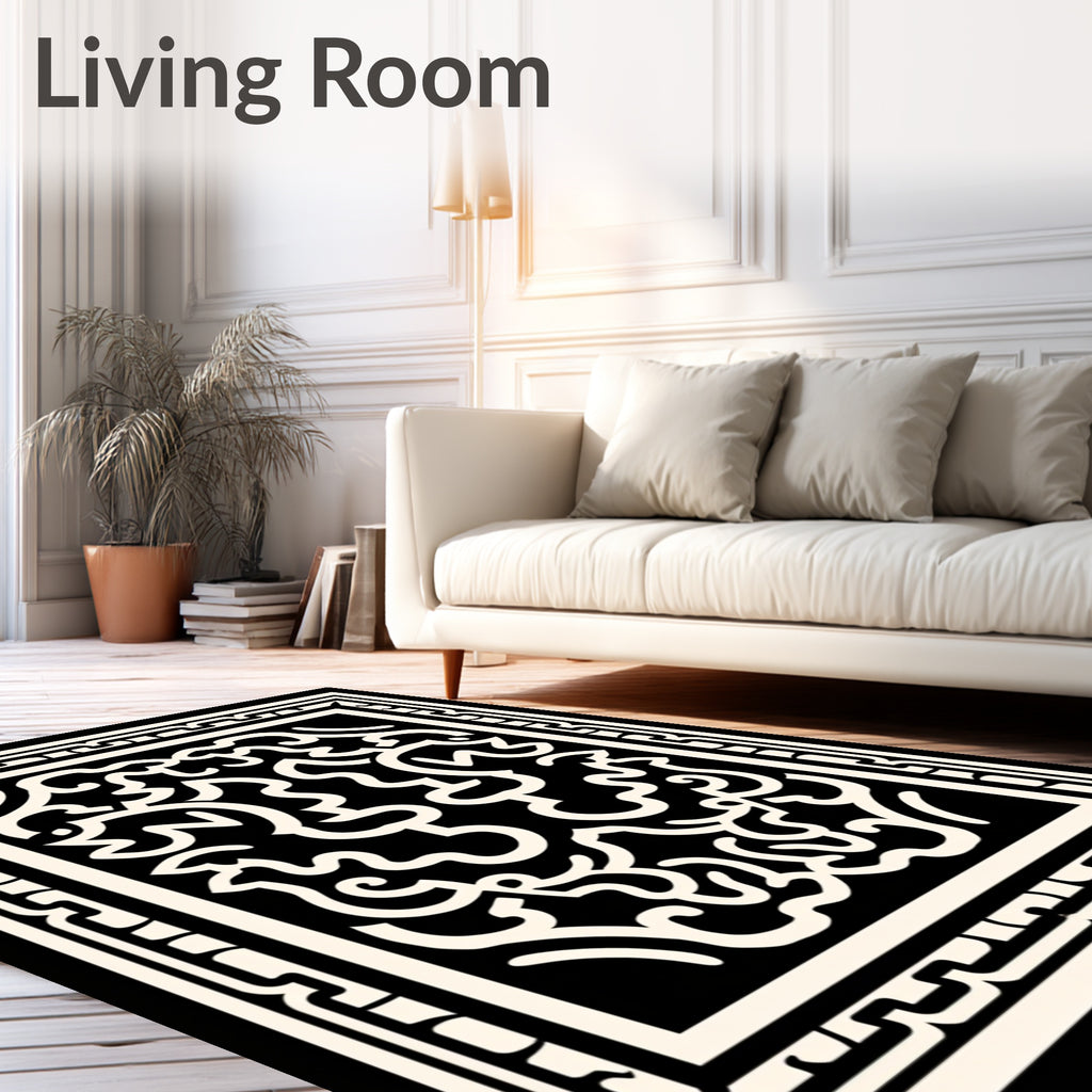 Black and Cream Scrollwork Frame Rug