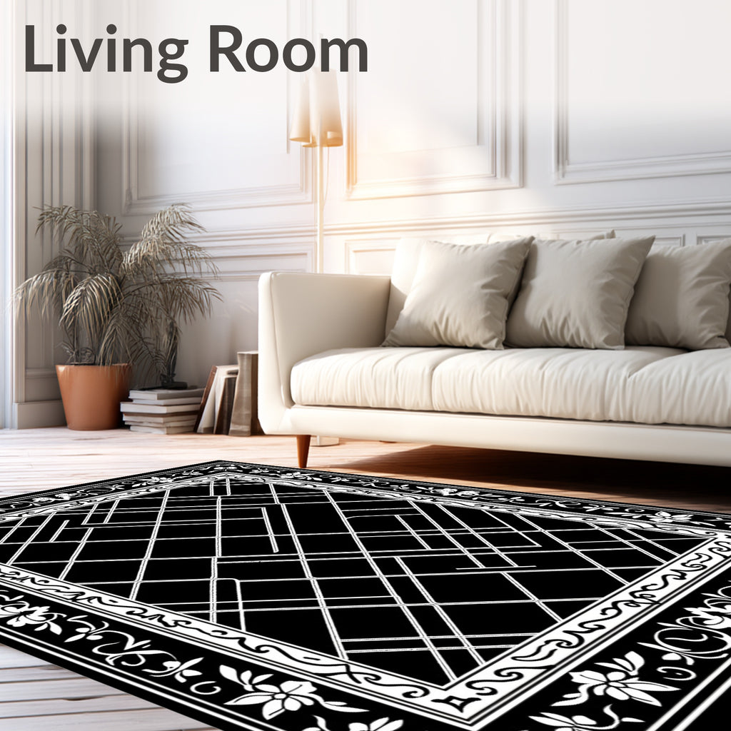 Black White Floral Geometric Lattice Rug