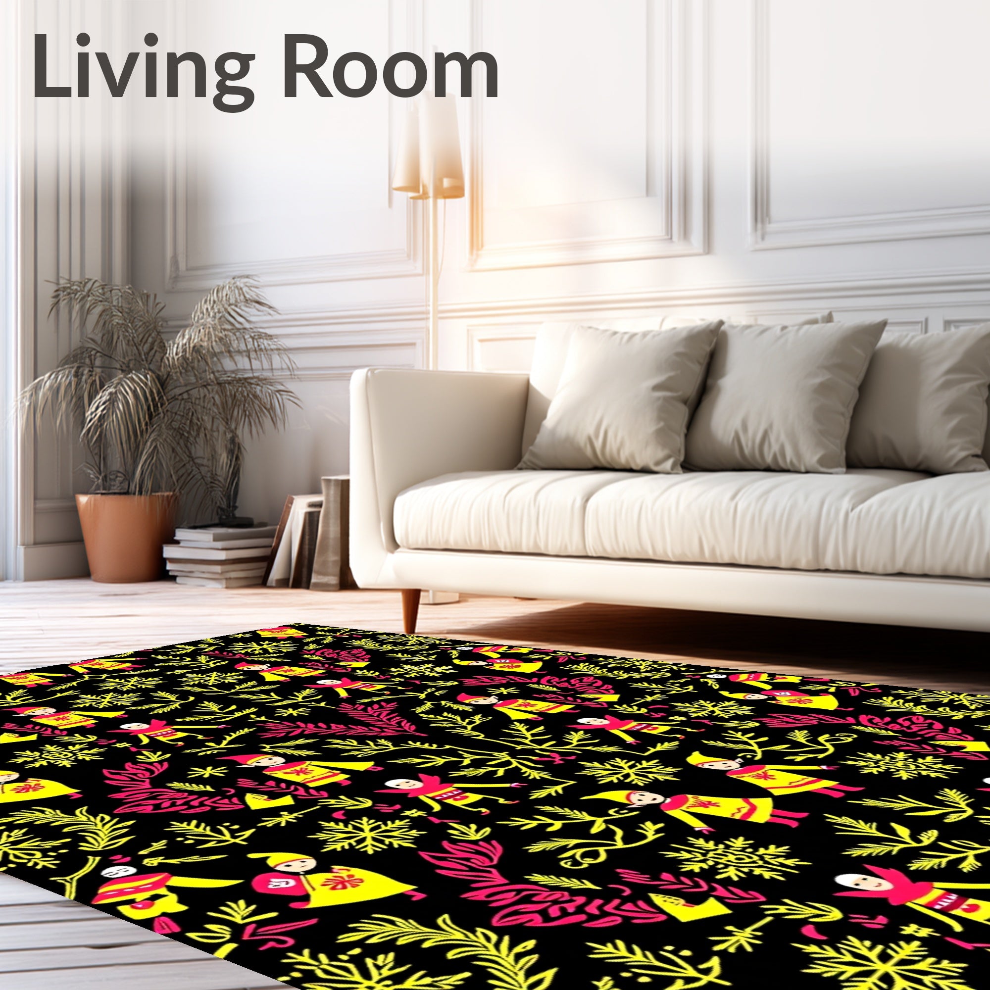 Whimsical Figures Yellow Pink Folk Art Rug
