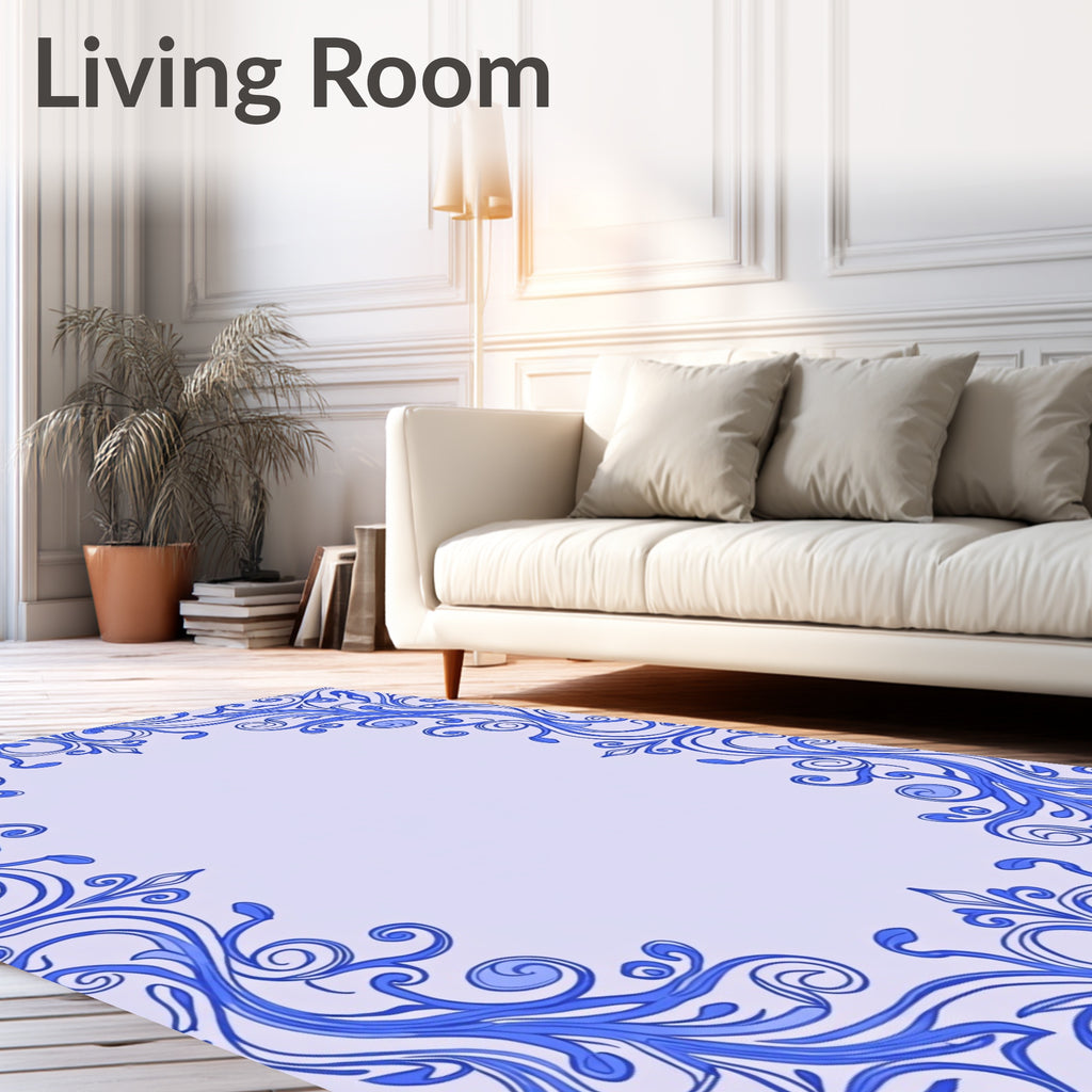Ornate Blue Scrollwork Border Rug