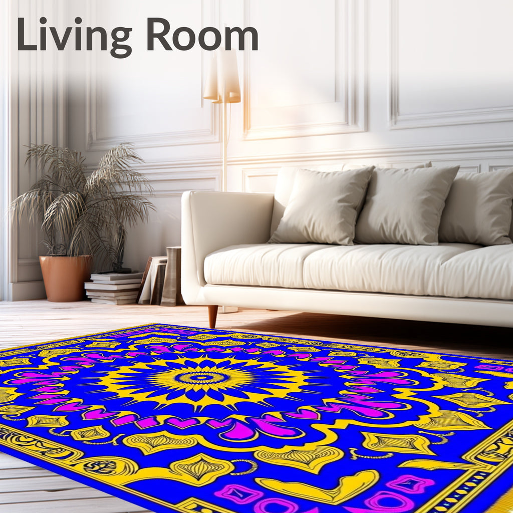 Vibrant Blue Yellow Floral Round Rug