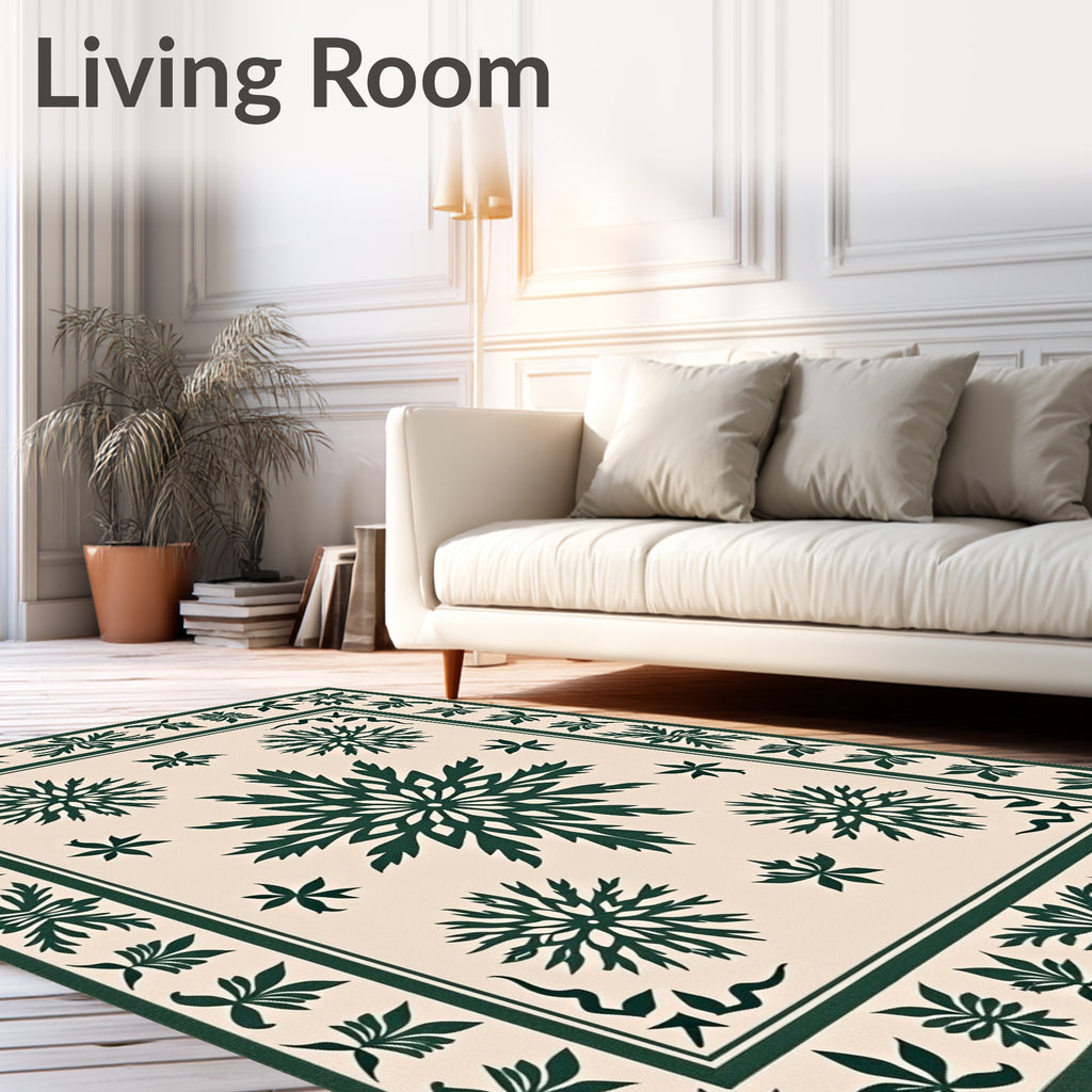 Forest Green Floral Medallion Cream Rug
