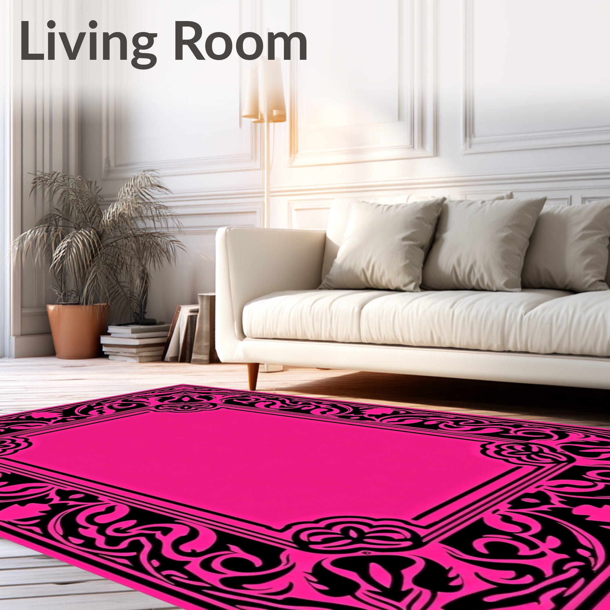 Hot Pink Black Elegant Floral Frame Rug