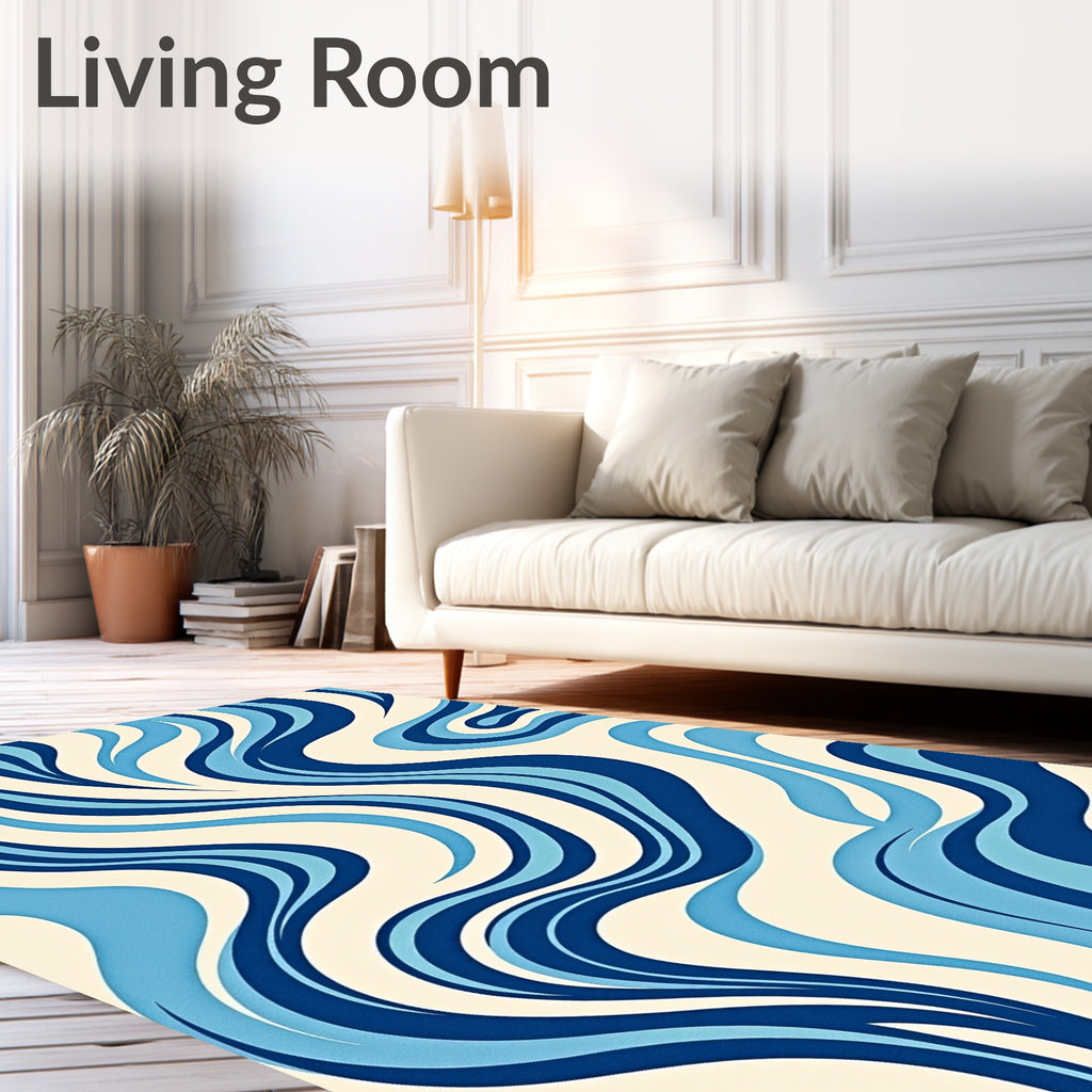 Retro Blue Ivory Swirl Wave Rug
