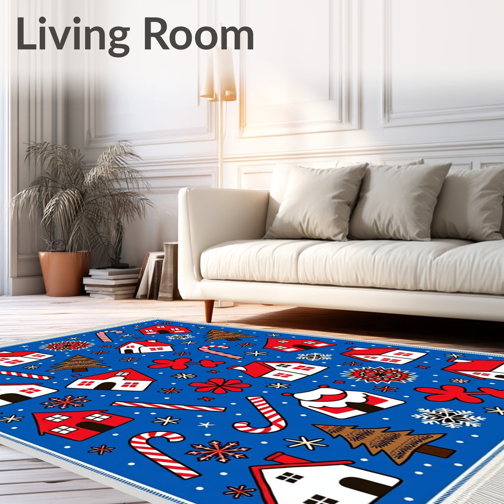 Whimsical Red White Christmas Village Rug