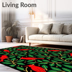 Red Cardinal Green Leaf Botanical Black Rug