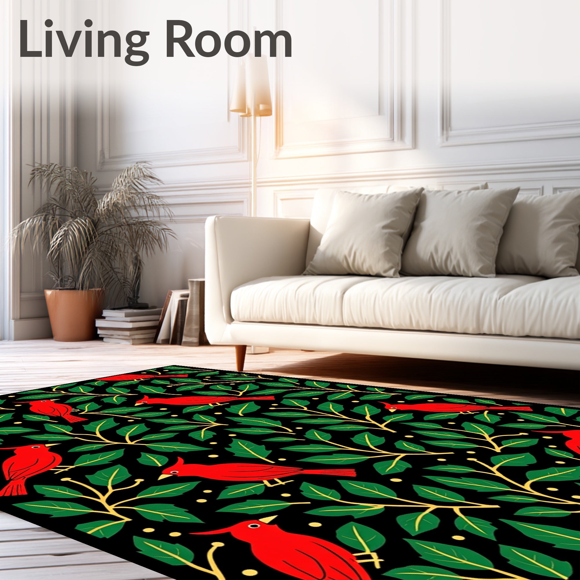 Red Cardinal Green Leaf Botanical Black Rug