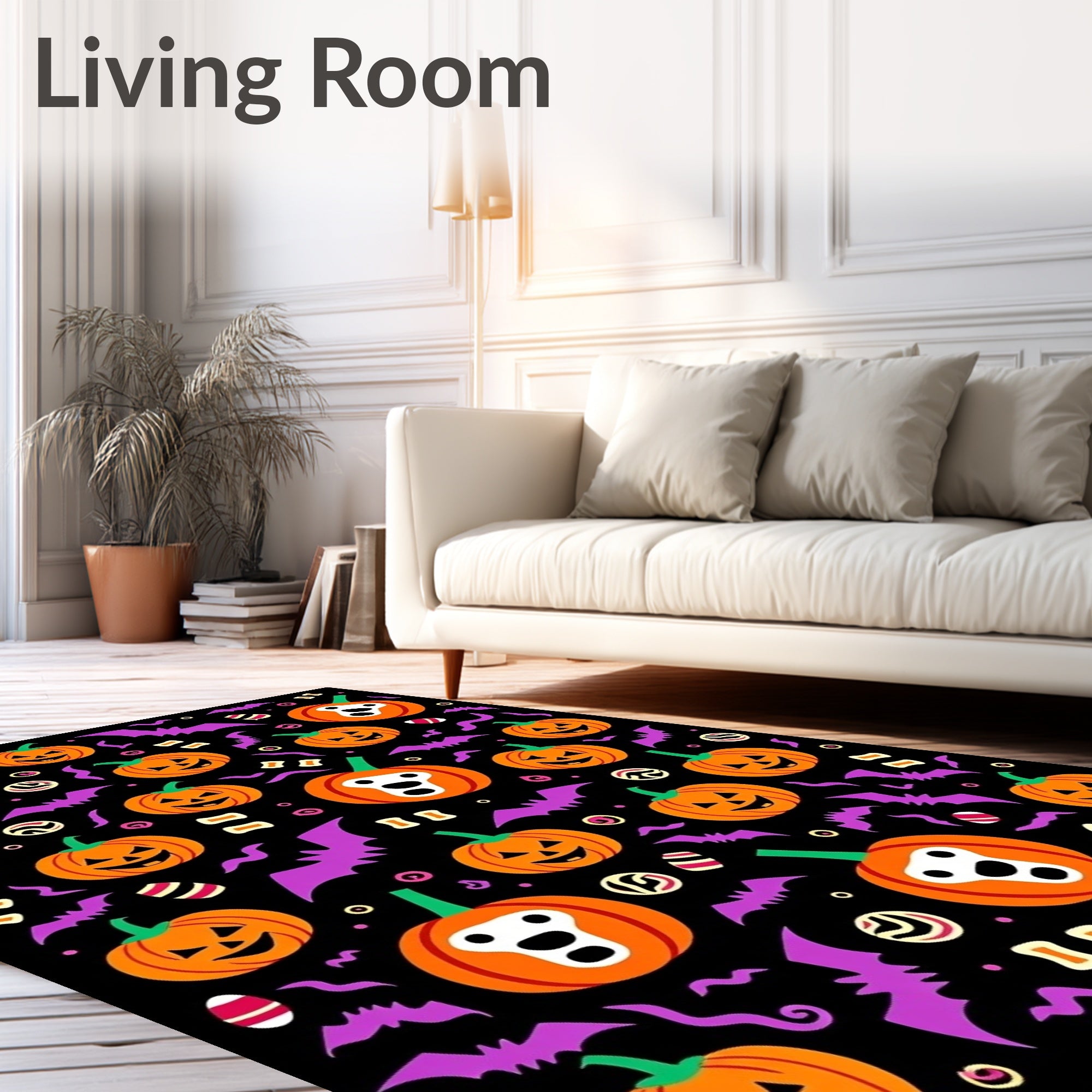 Spooky Orange Pumpkin Bat Halloween Rug