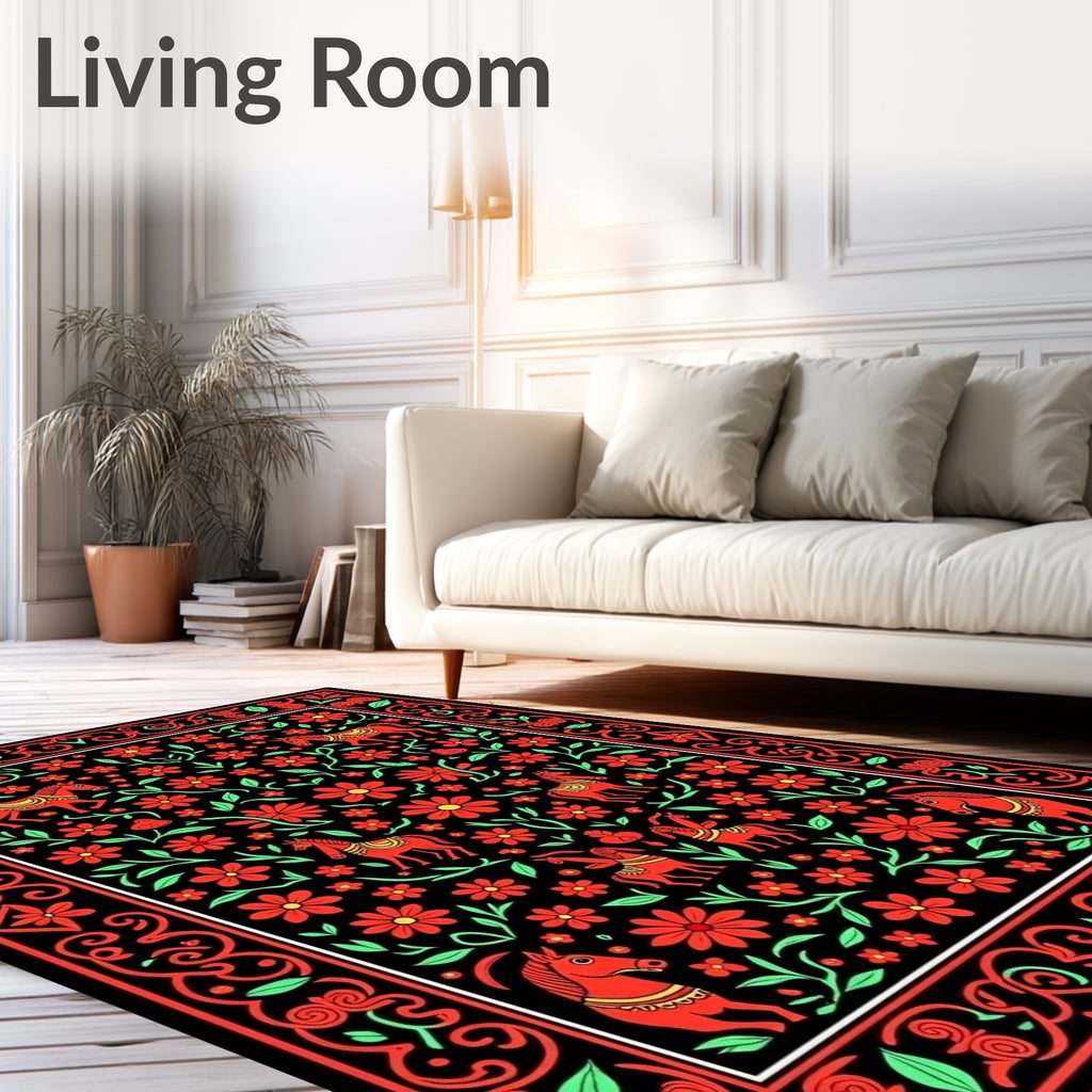 Red Horses Floral Border Rug