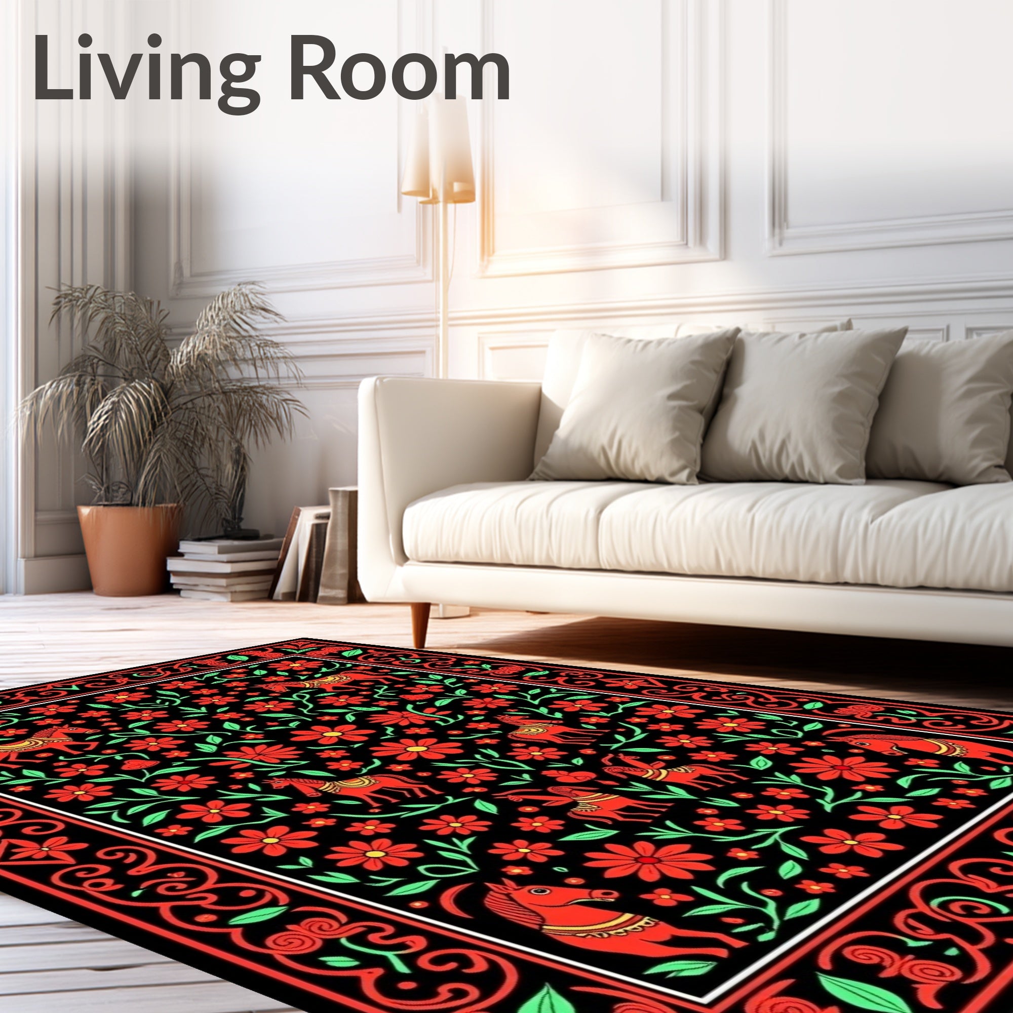 Red Horses Floral Border Rug
