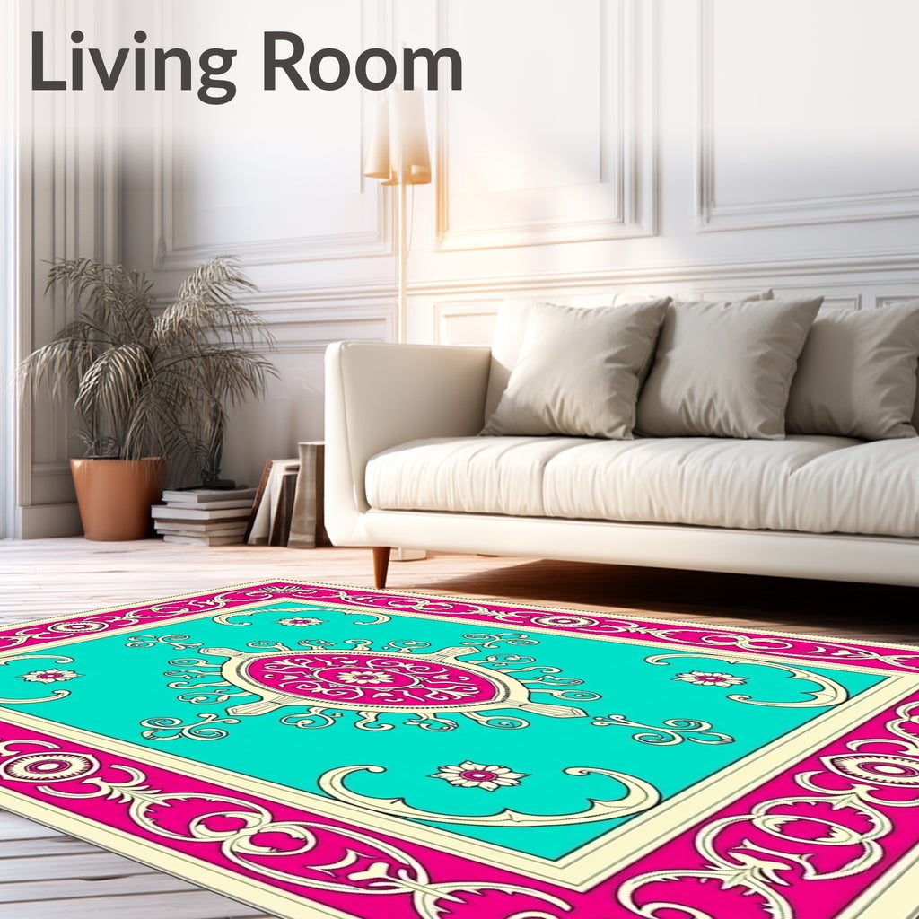 Vibrant Teal Pink Floral Medallion Rug