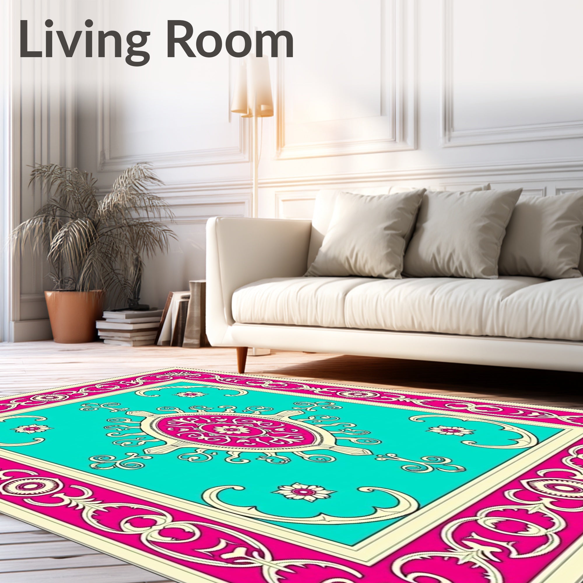 Vibrant Teal Pink Floral Medallion Rug