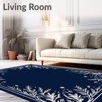 Navy Blue White Botanical Border Rug