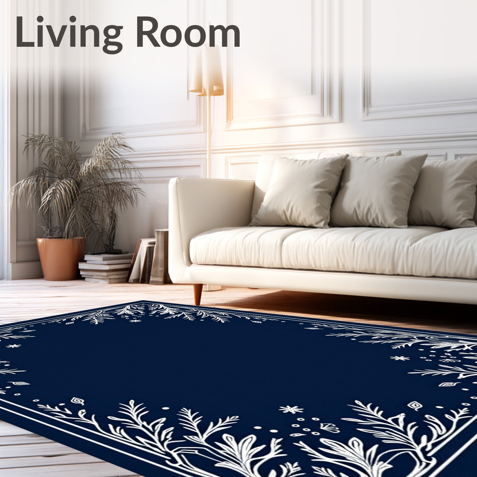 Navy Blue White Botanical Border Rug