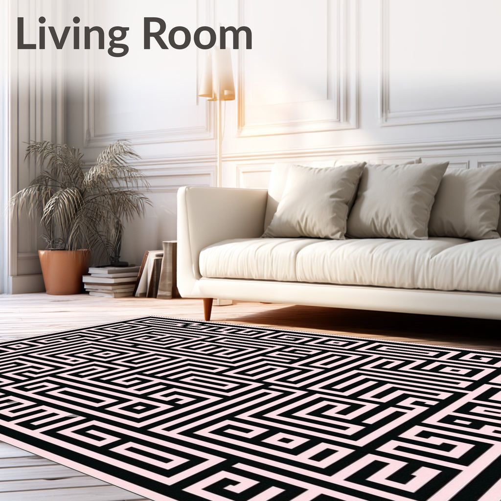 Black Pink Geometric Maze Puzzle Rug