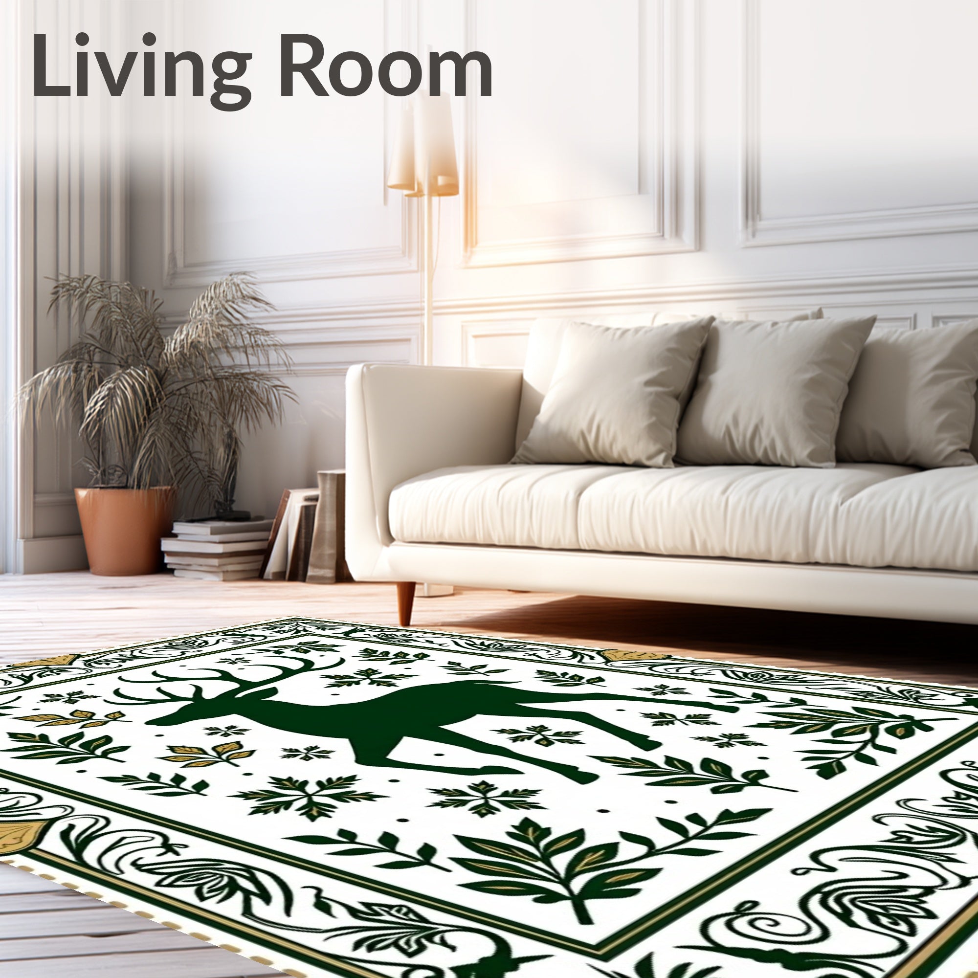 Forest Green Deer With Leafy Border Rug