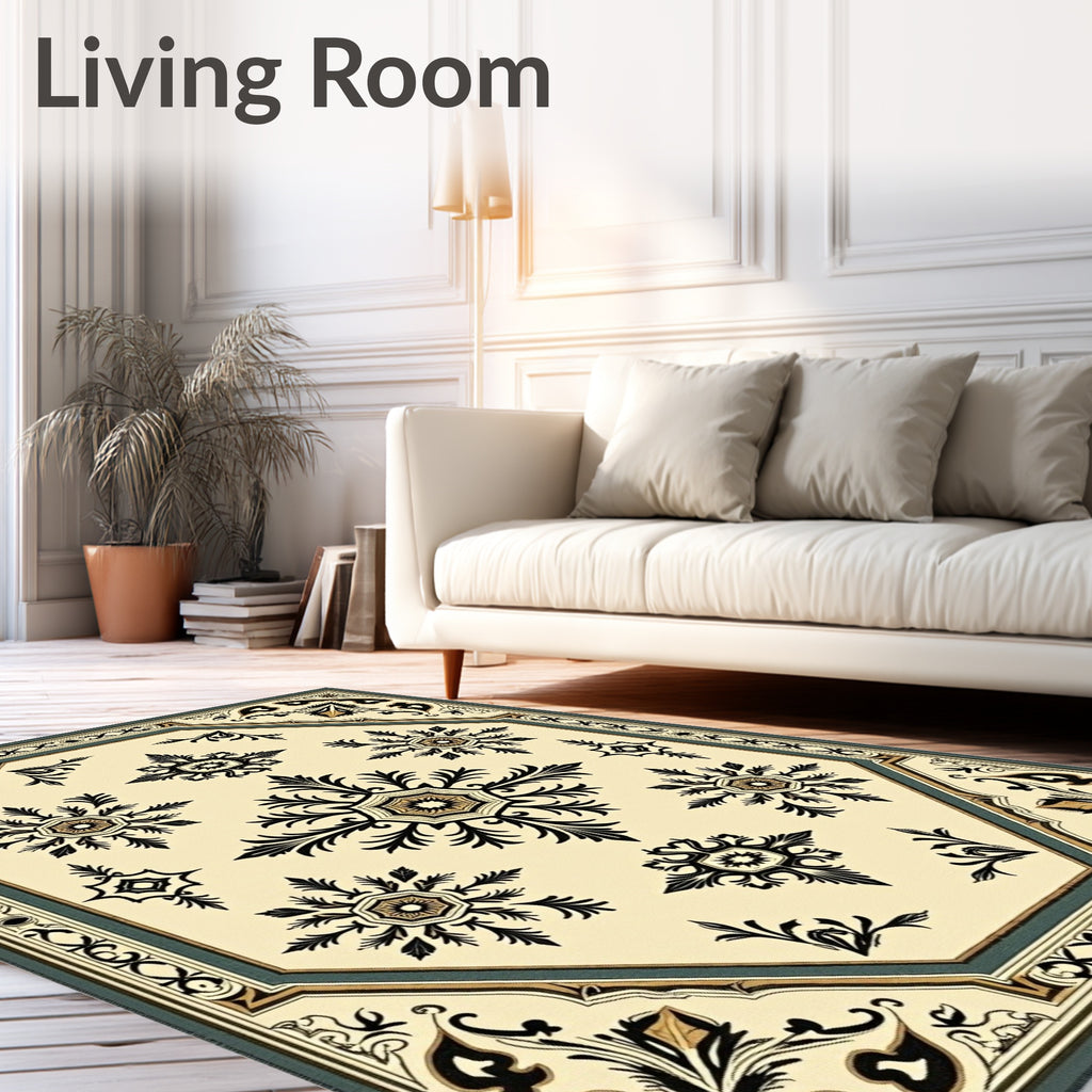 Cream and Black Medallion Motif Rug