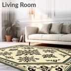 Cream and Black Medallion Motif Rug