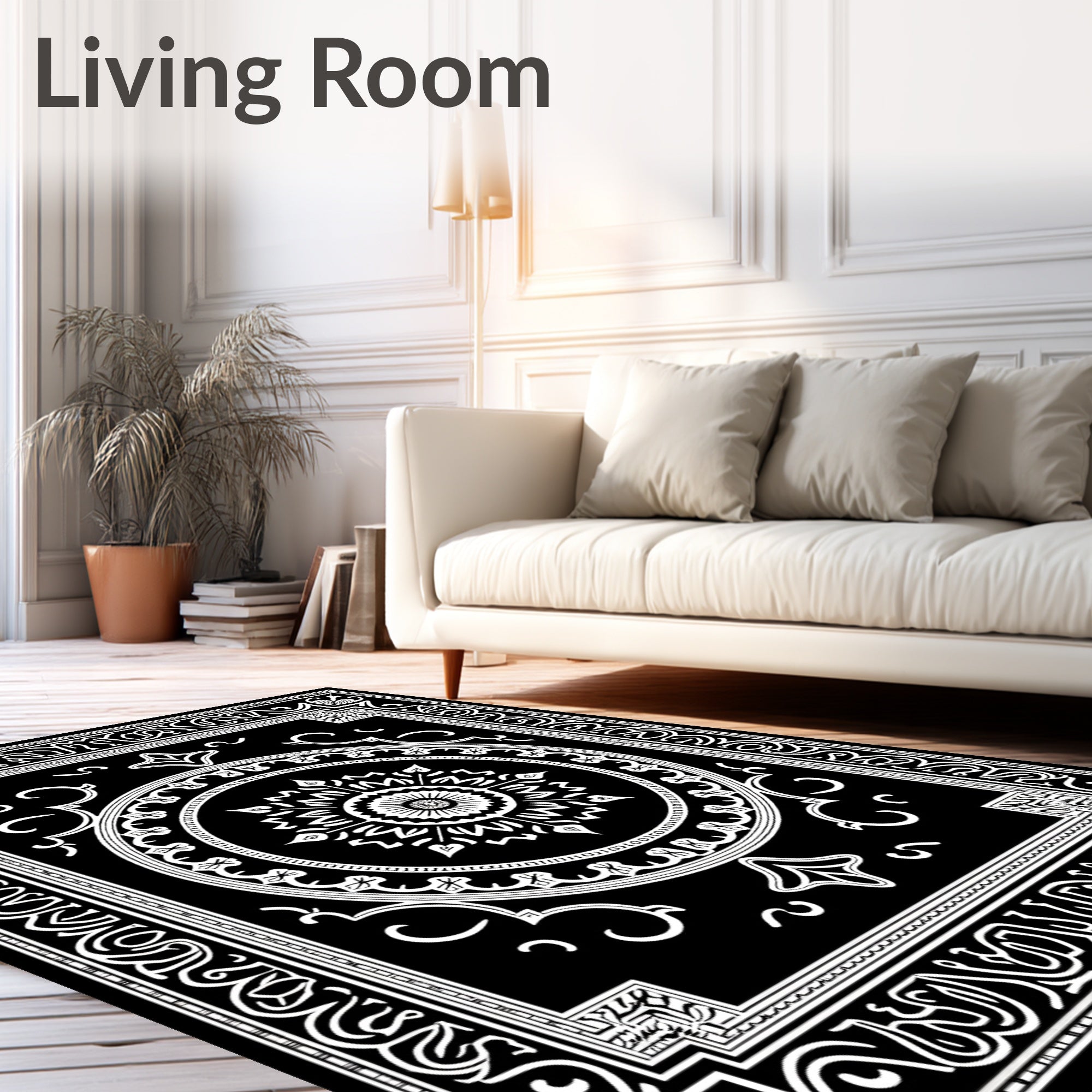 Monochromatic Sunburst Mandala Border Rug