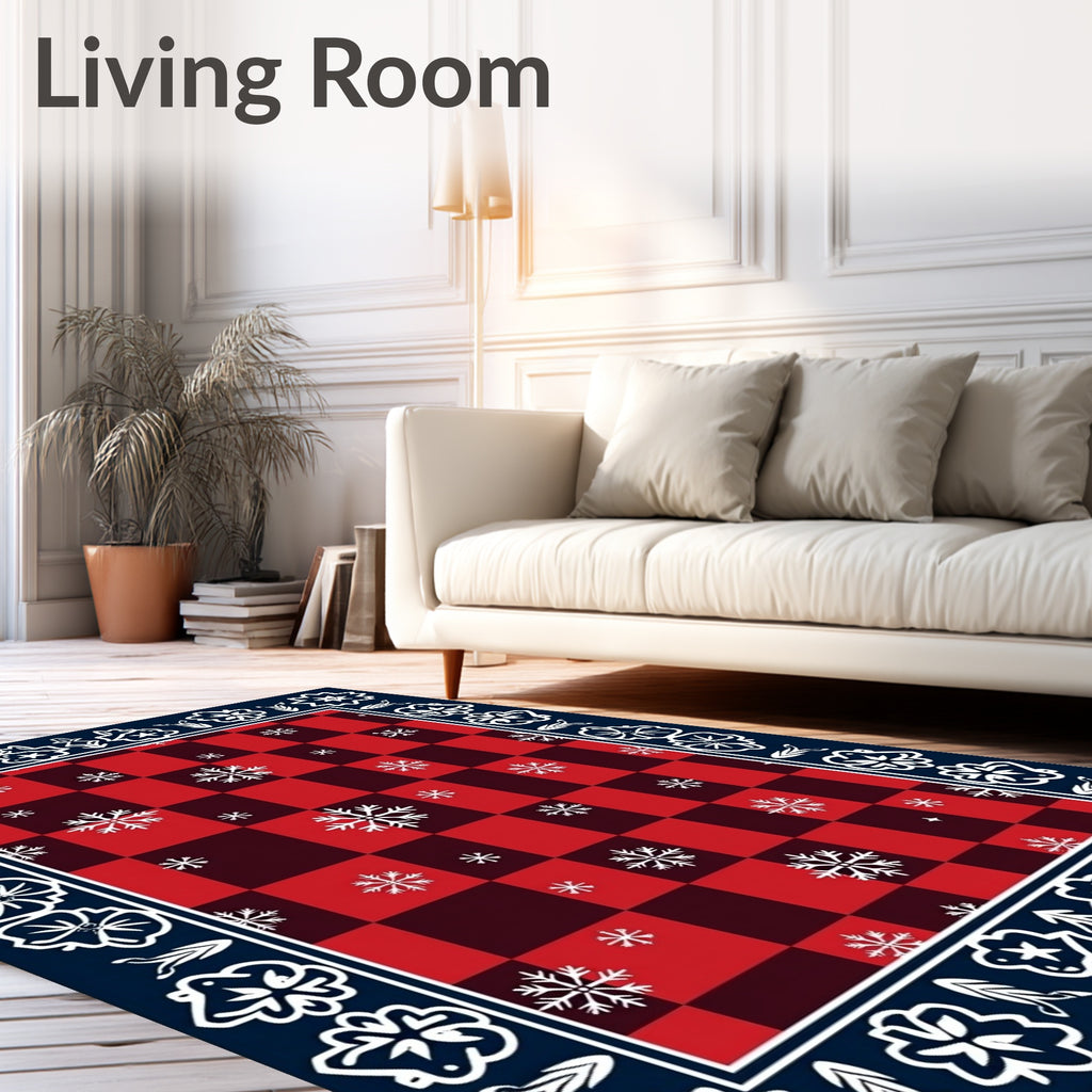 Red Black Buffalo Check Snowflakes Border Rug