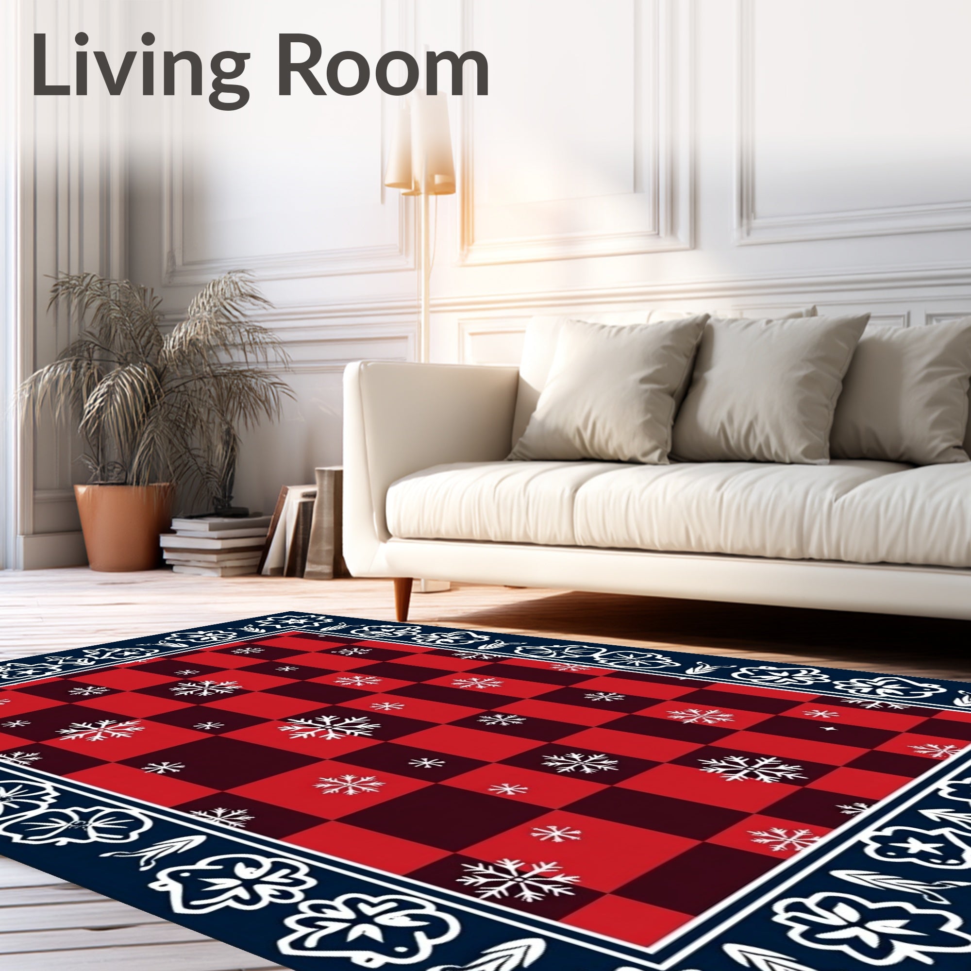 Red Black Buffalo Check Snowflakes Border Rug