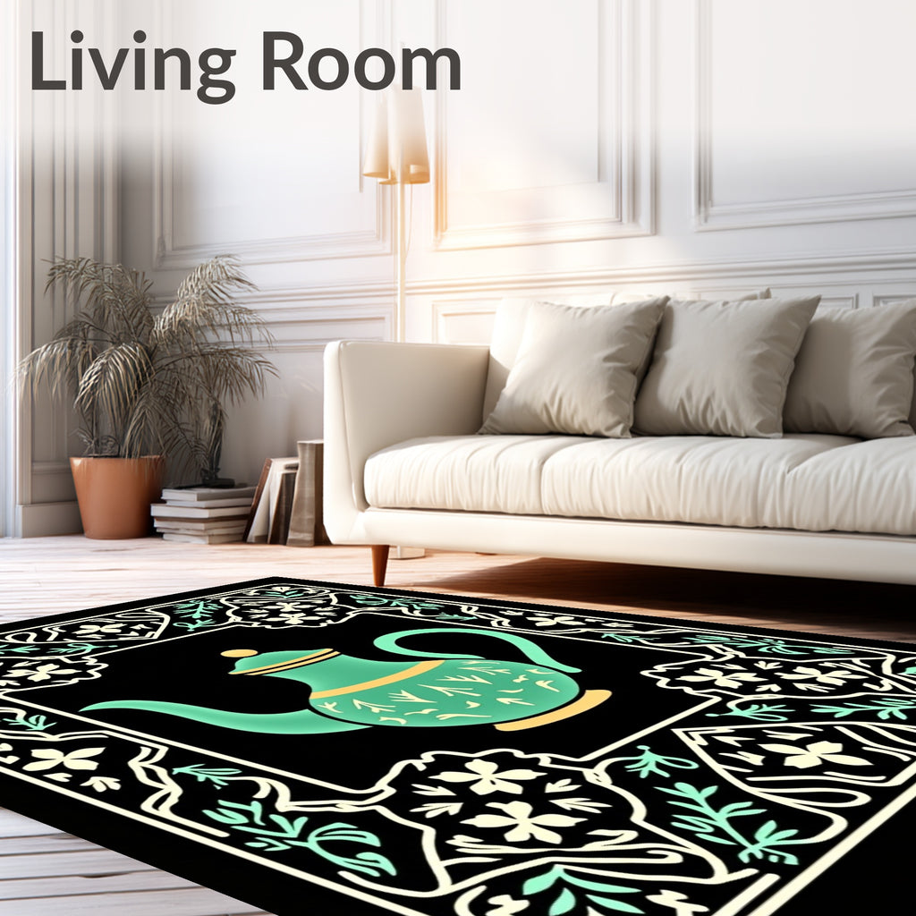 Teal Teapot Floral Border Art Rug