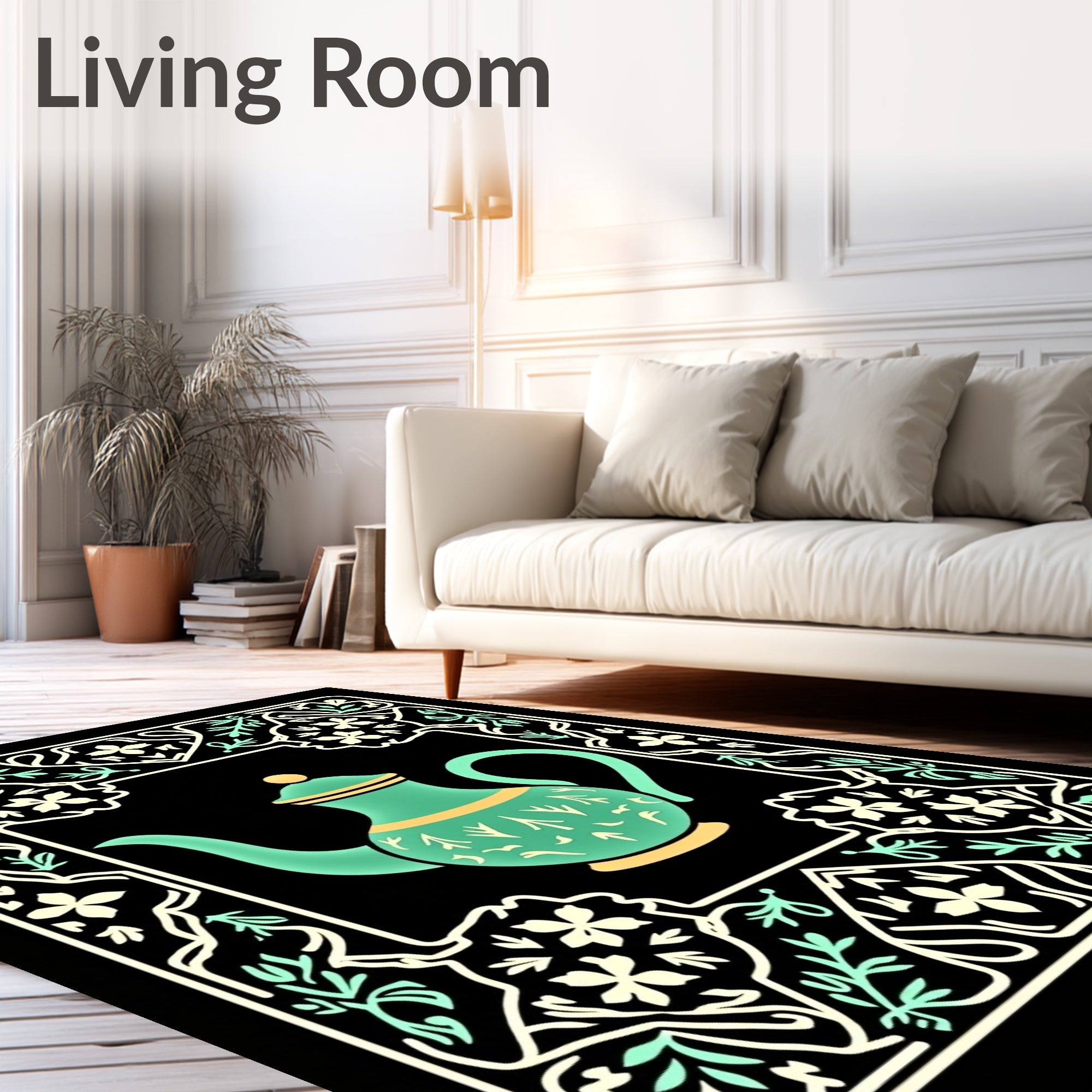 Teal Teapot Floral Border Art Rug