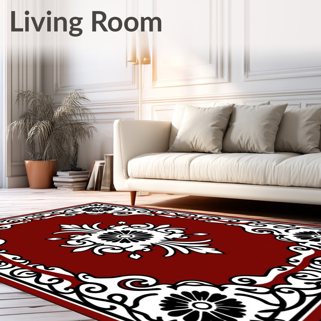 Deep Red Floral Scroll Ornament Rug
