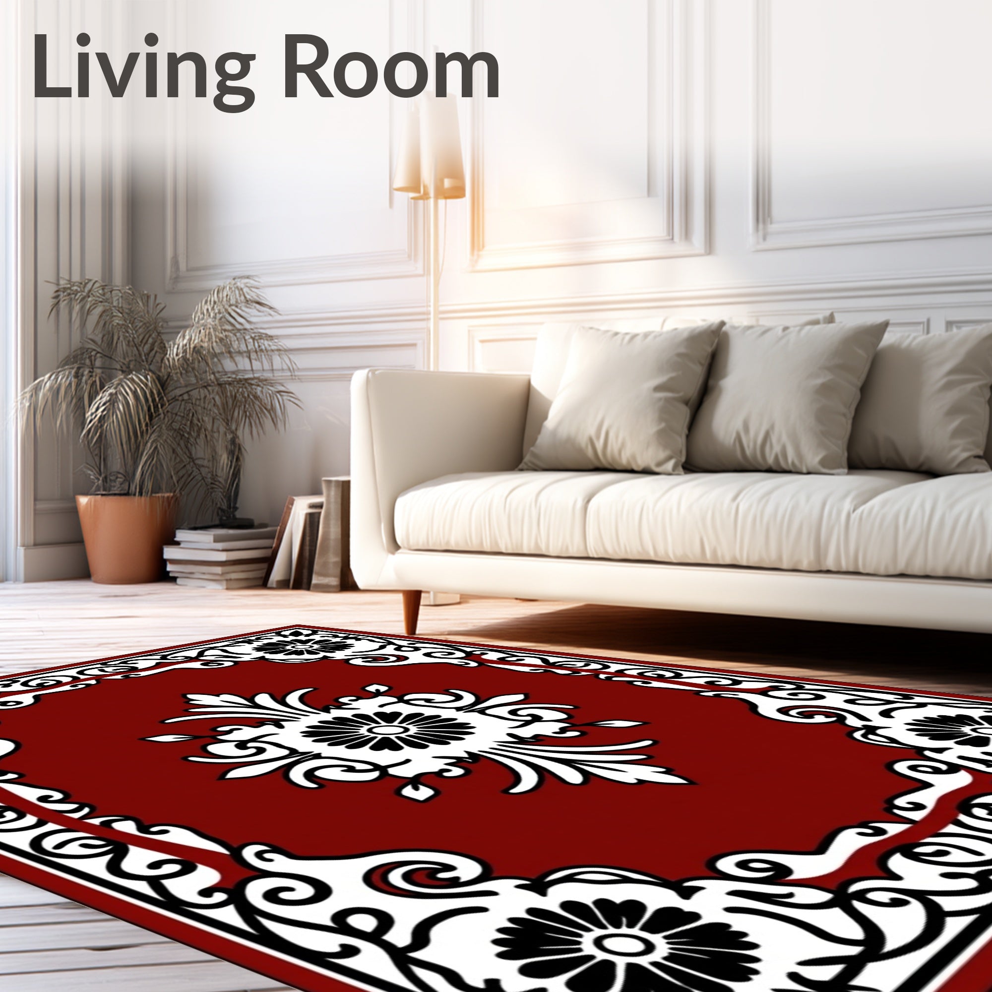 Deep Red Floral Scroll Ornament Rug