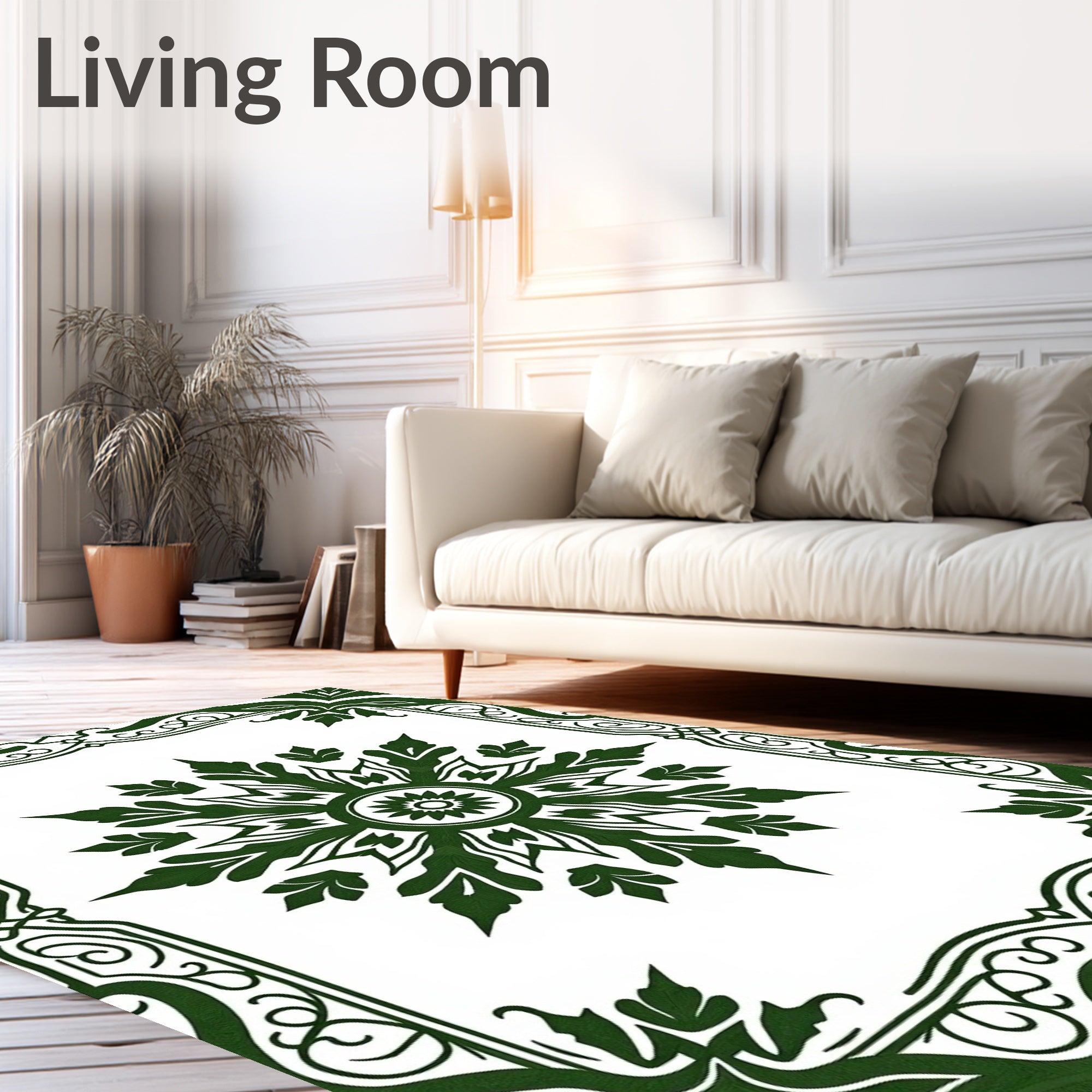 Deep Green Floral Medallion Frame Rug
