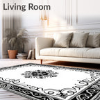 Ornate Black and White Scroll Medallion Rug