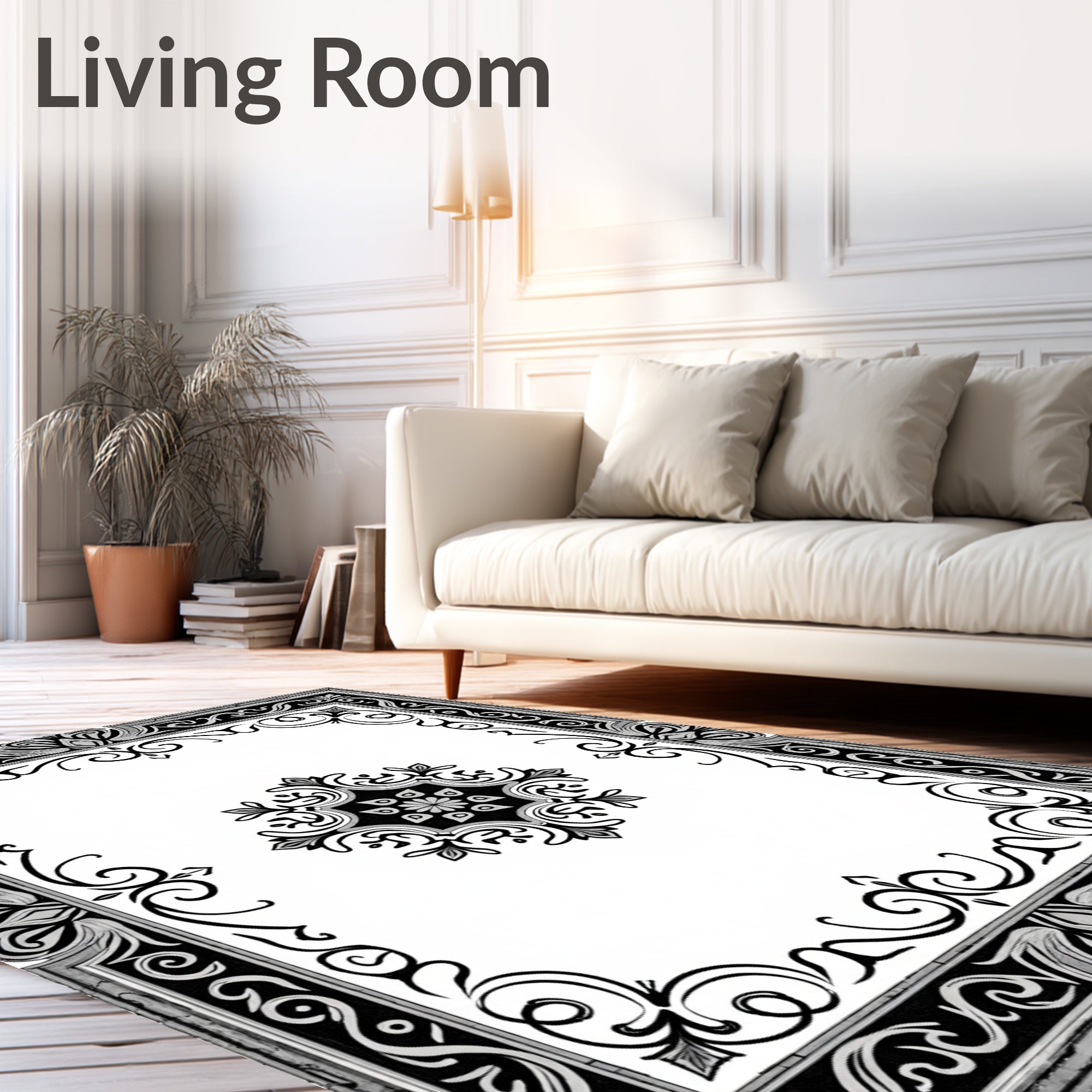 Ornate Black and White Scroll Medallion Rug