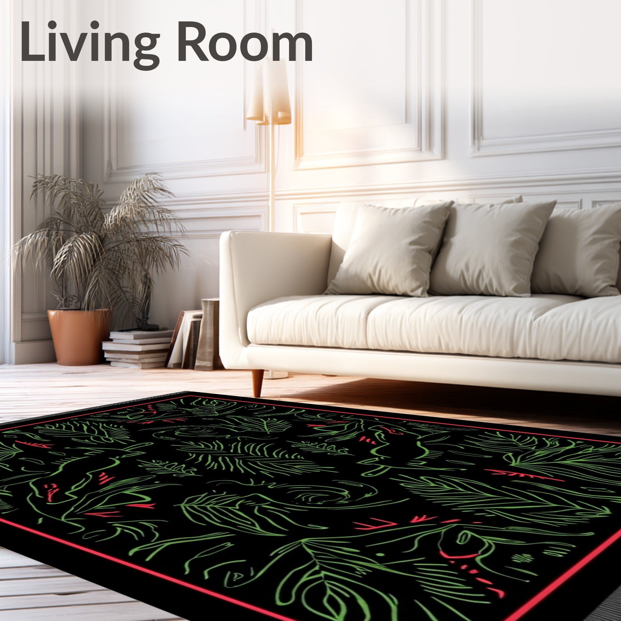 Black Jungle Animals Foliage Rug