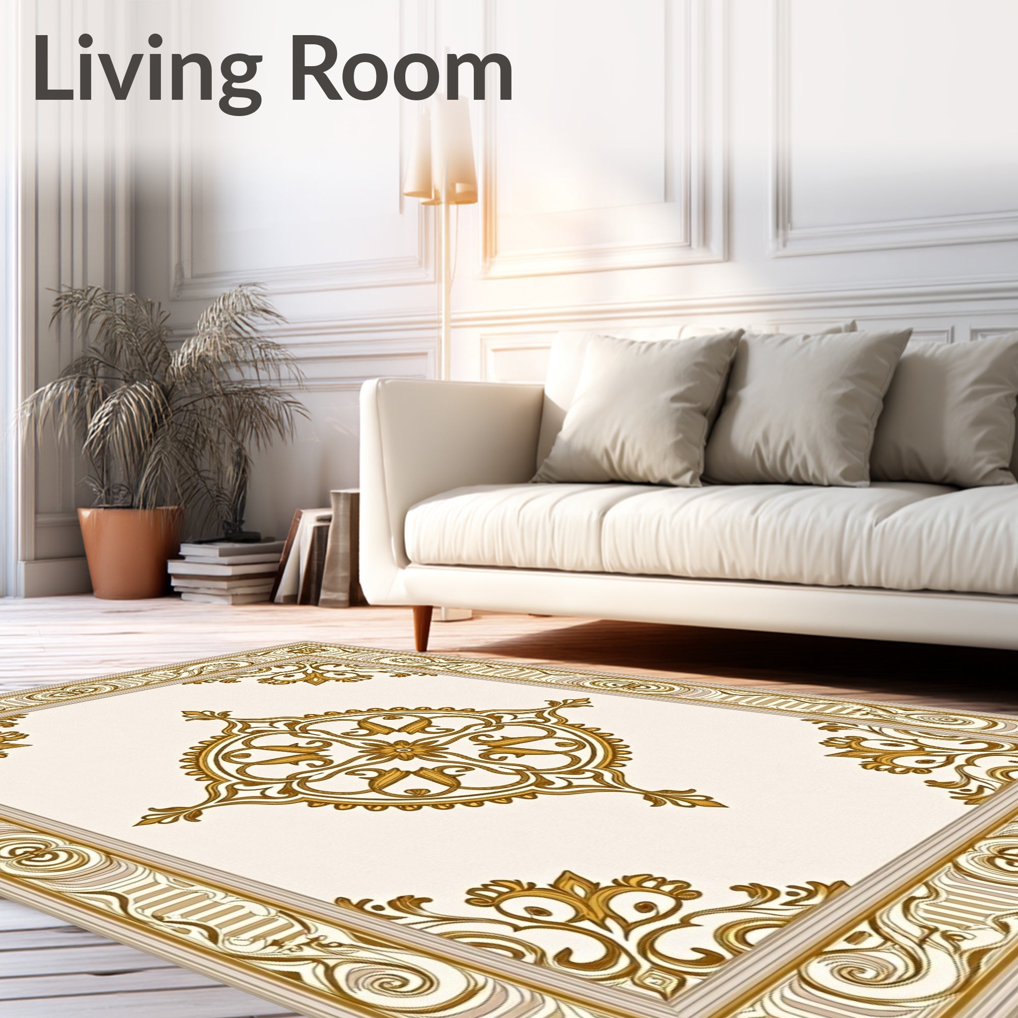 Elegant Gold Floral Scroll Frame Rug