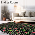Green Floral Medallion Black Background Rug