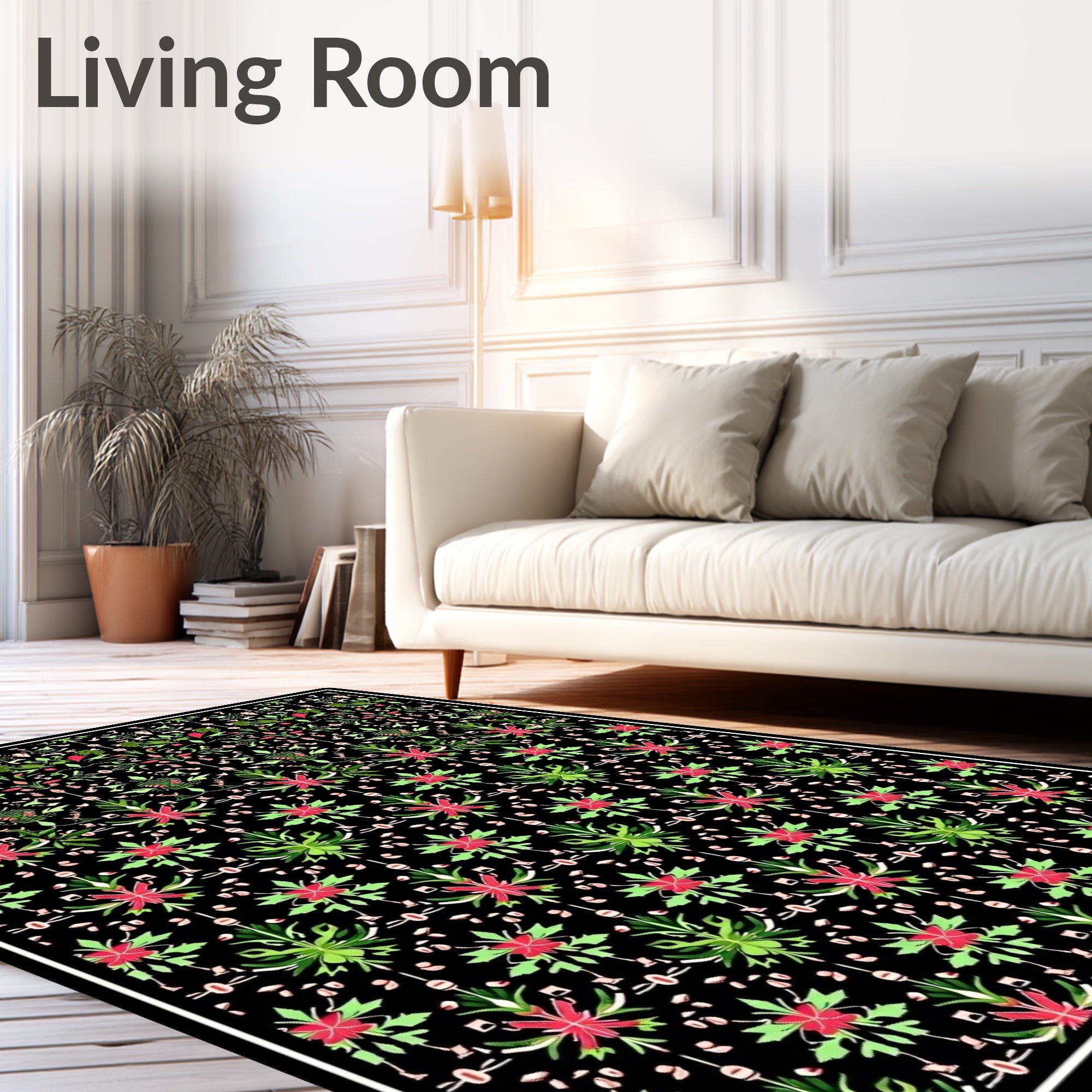 Green Floral Medallion Black Background Rug