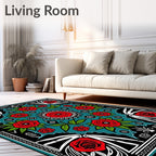 Bold Red Rose Floral Teal Rug