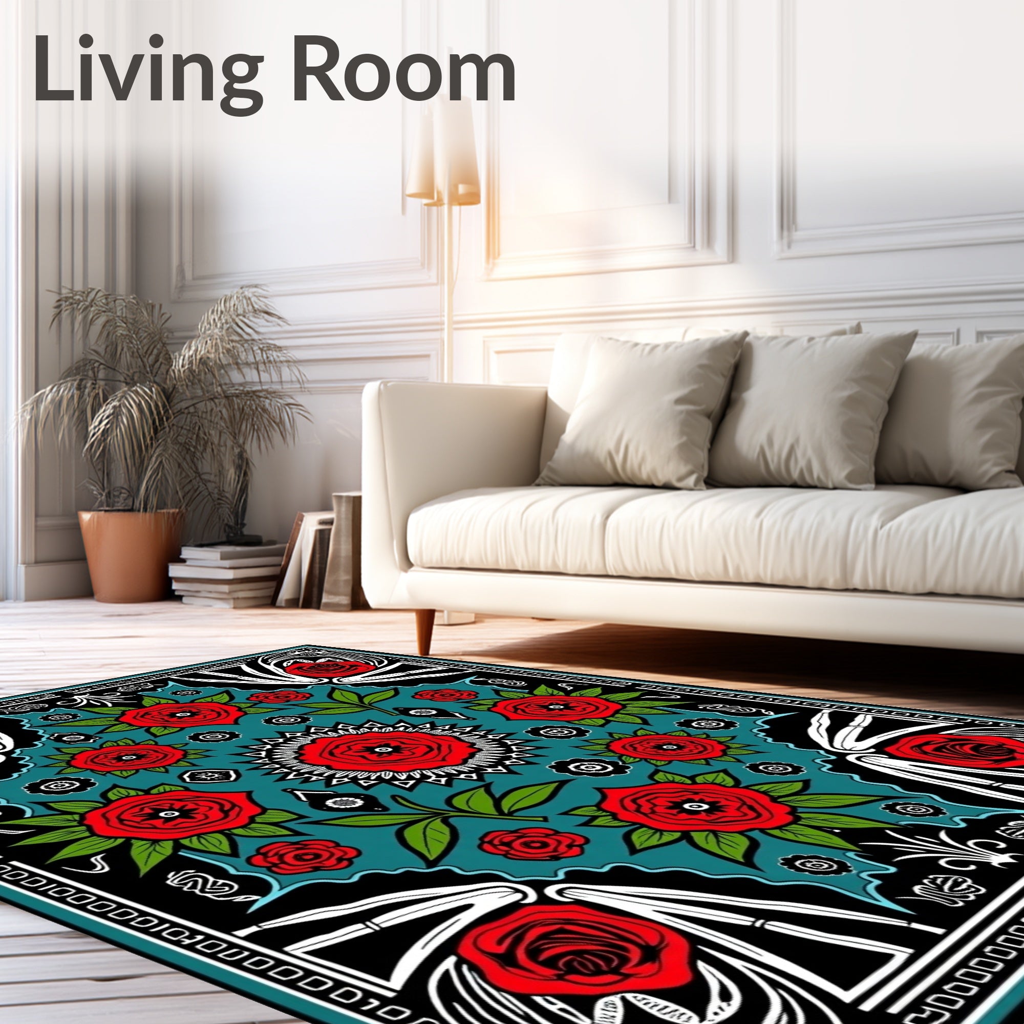Bold Red Rose Floral Teal Rug