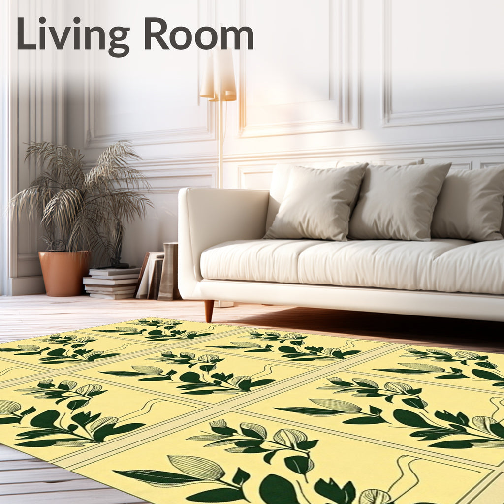 Dark Green Botanical Branch Yellow Square Rug