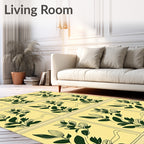 Dark Green Botanical Branch Yellow Square Rug