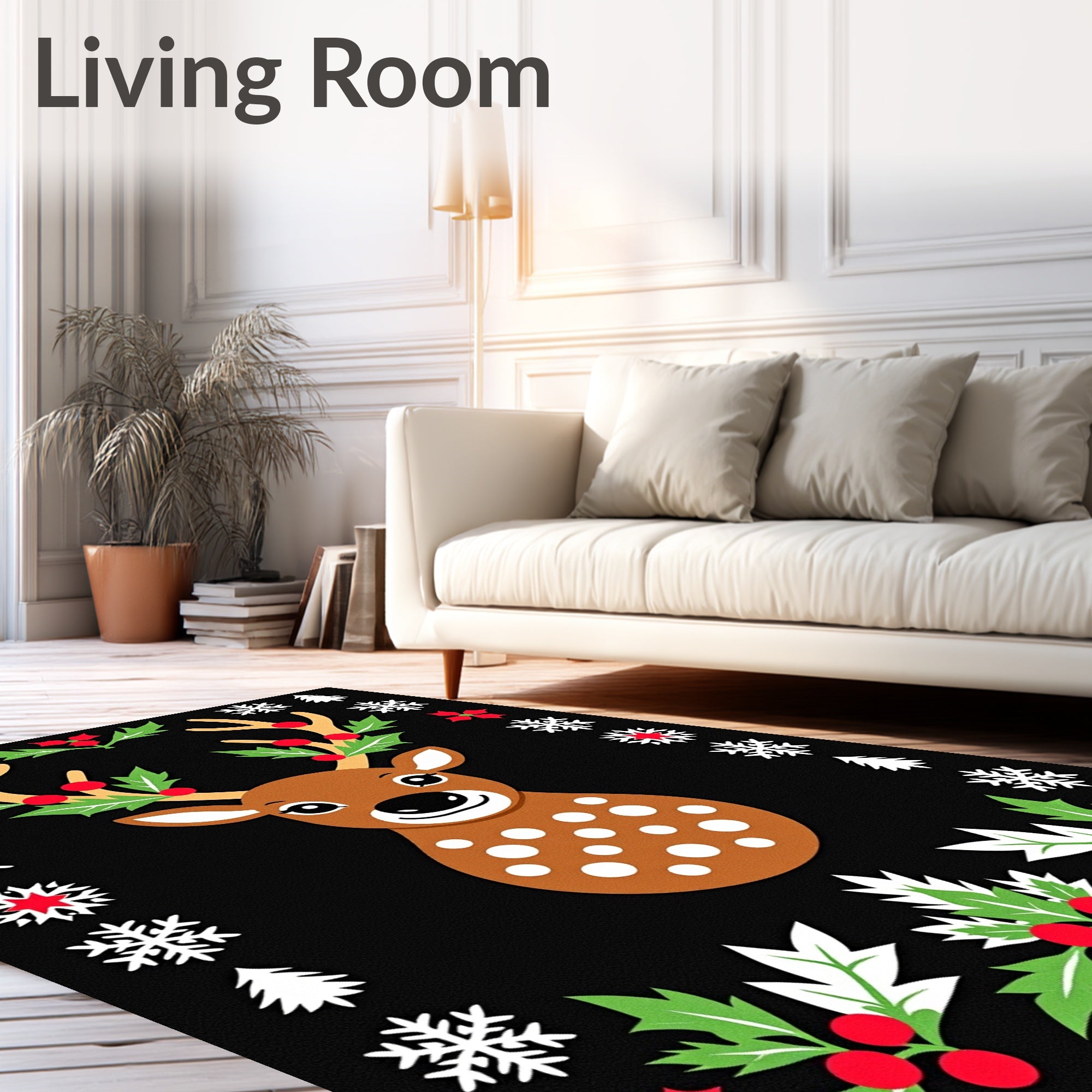 Festive Deer Holly Snowflake Border Rug