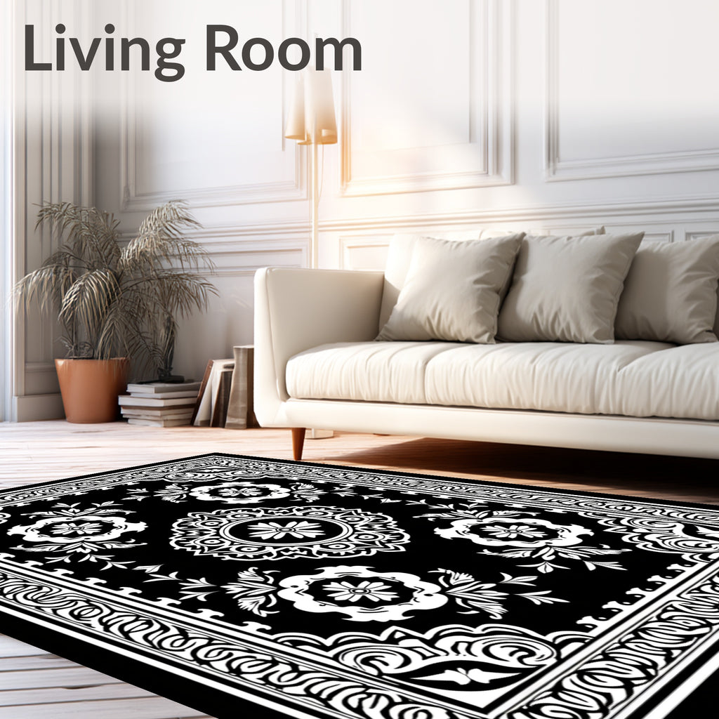 Bold Black and White Floral Medallion Rug