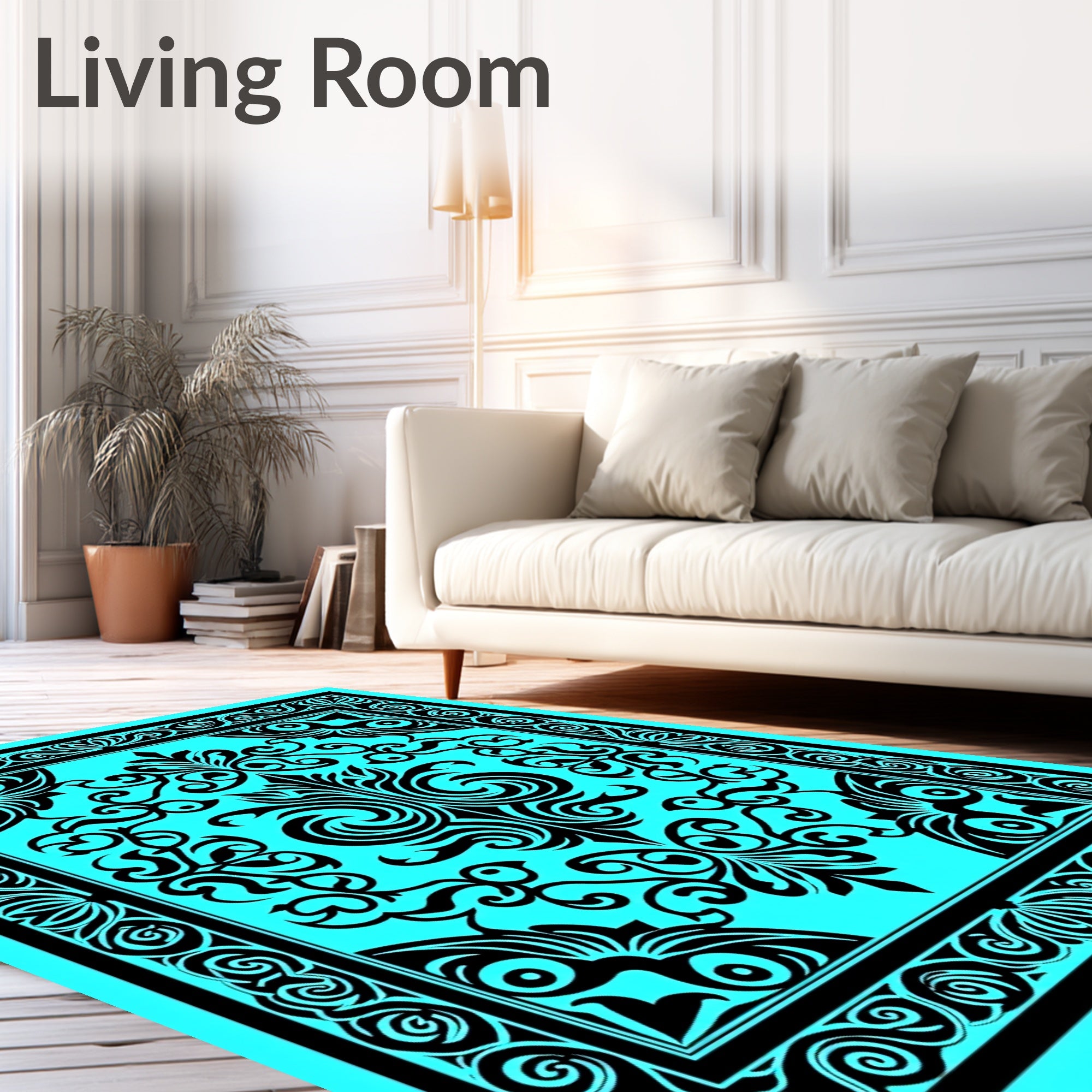 Ornate Turquoise Black Floral Border Rug