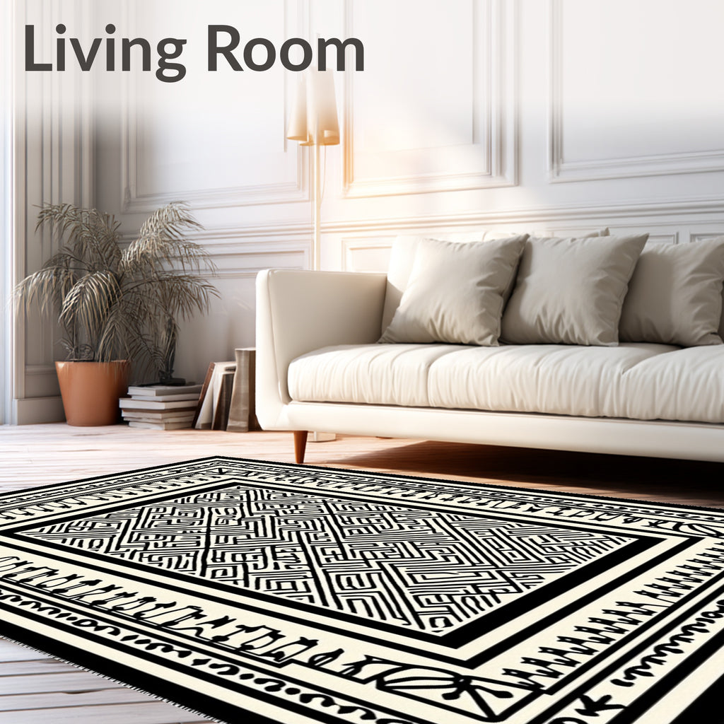 Abstract Black White Maze Border Rug