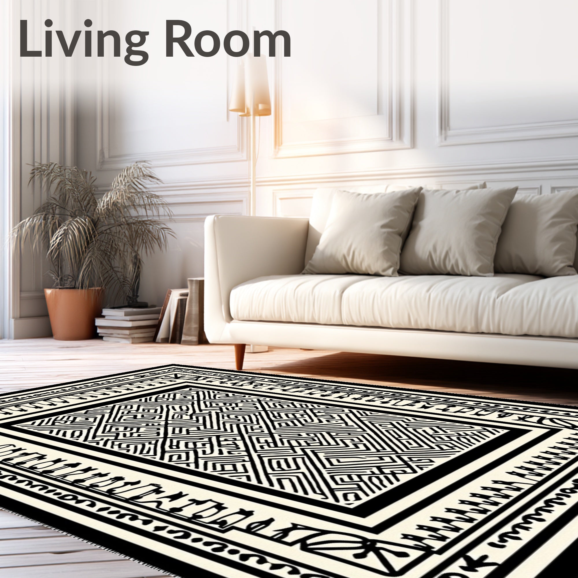 Abstract Black White Maze Border Rug