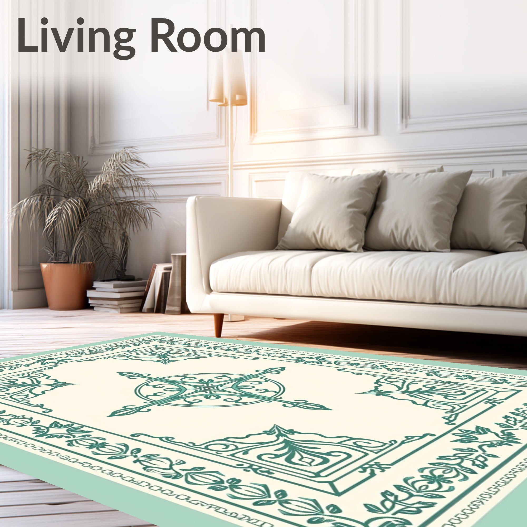 Teal Floral Medallion Quatrefoil Border Rug