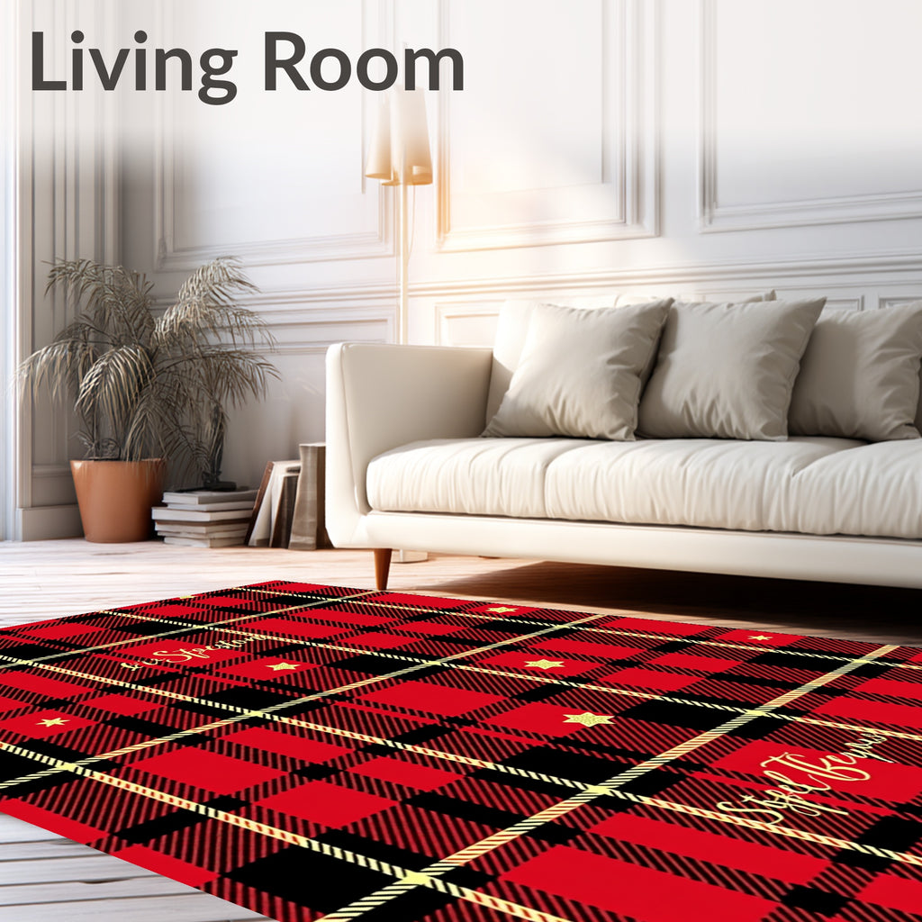 Red Black Gold Plaid Star Rug